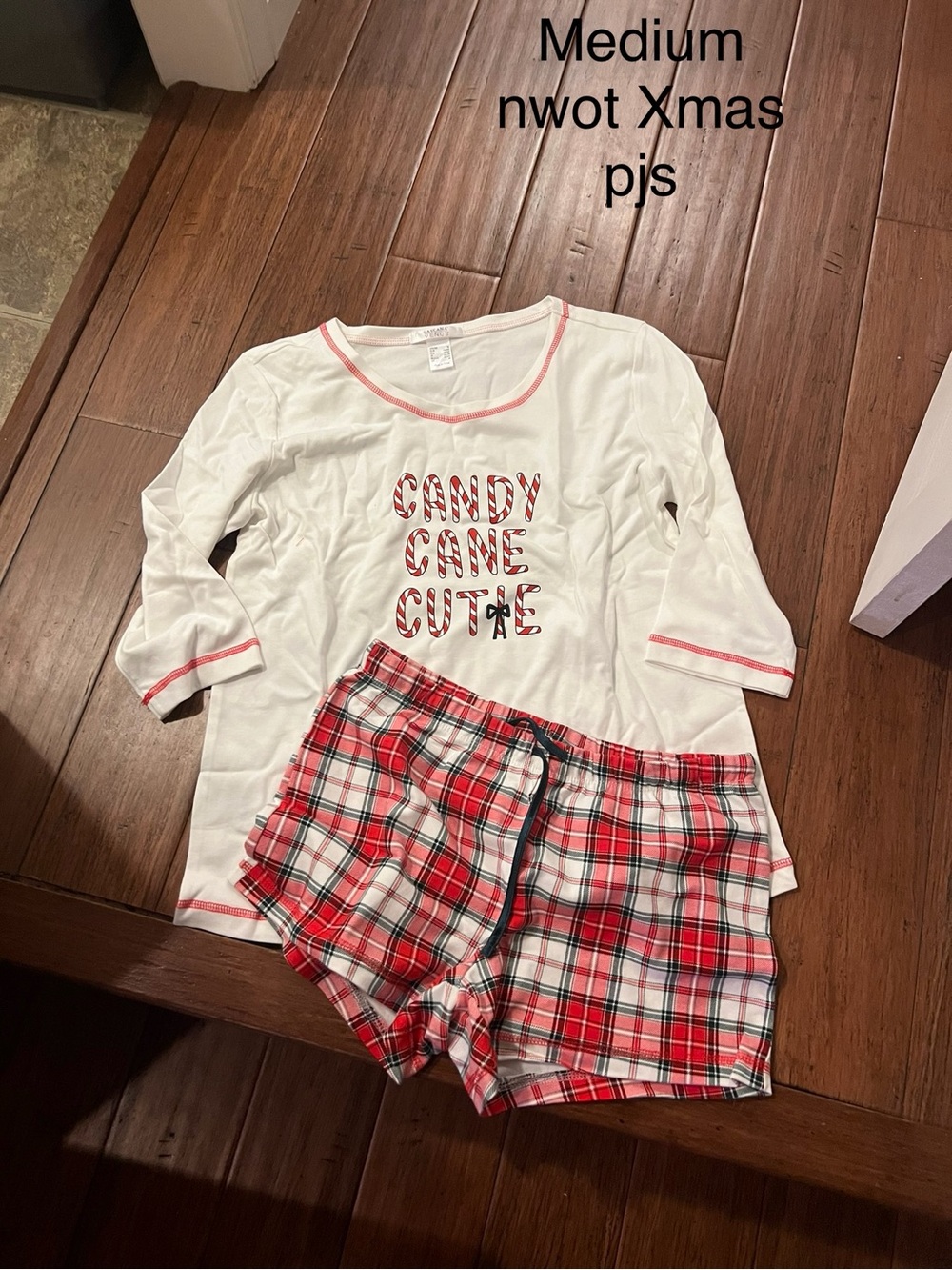 Womesn Candy Cane Cute Christmas Pajama Set - White & Red Plaid